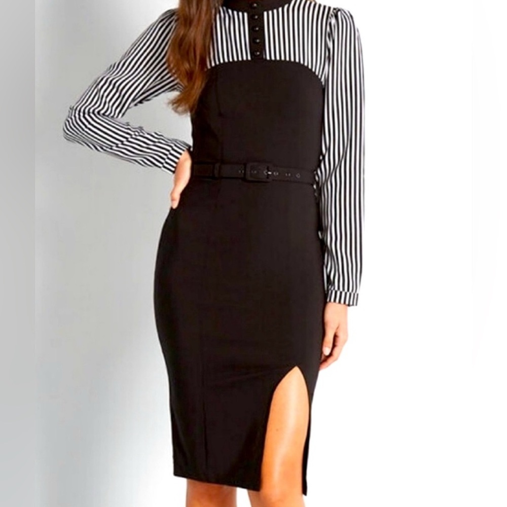 NWT Collectif Zelda Pencil Dress 6 Black White Striped Belted Retro Halloween